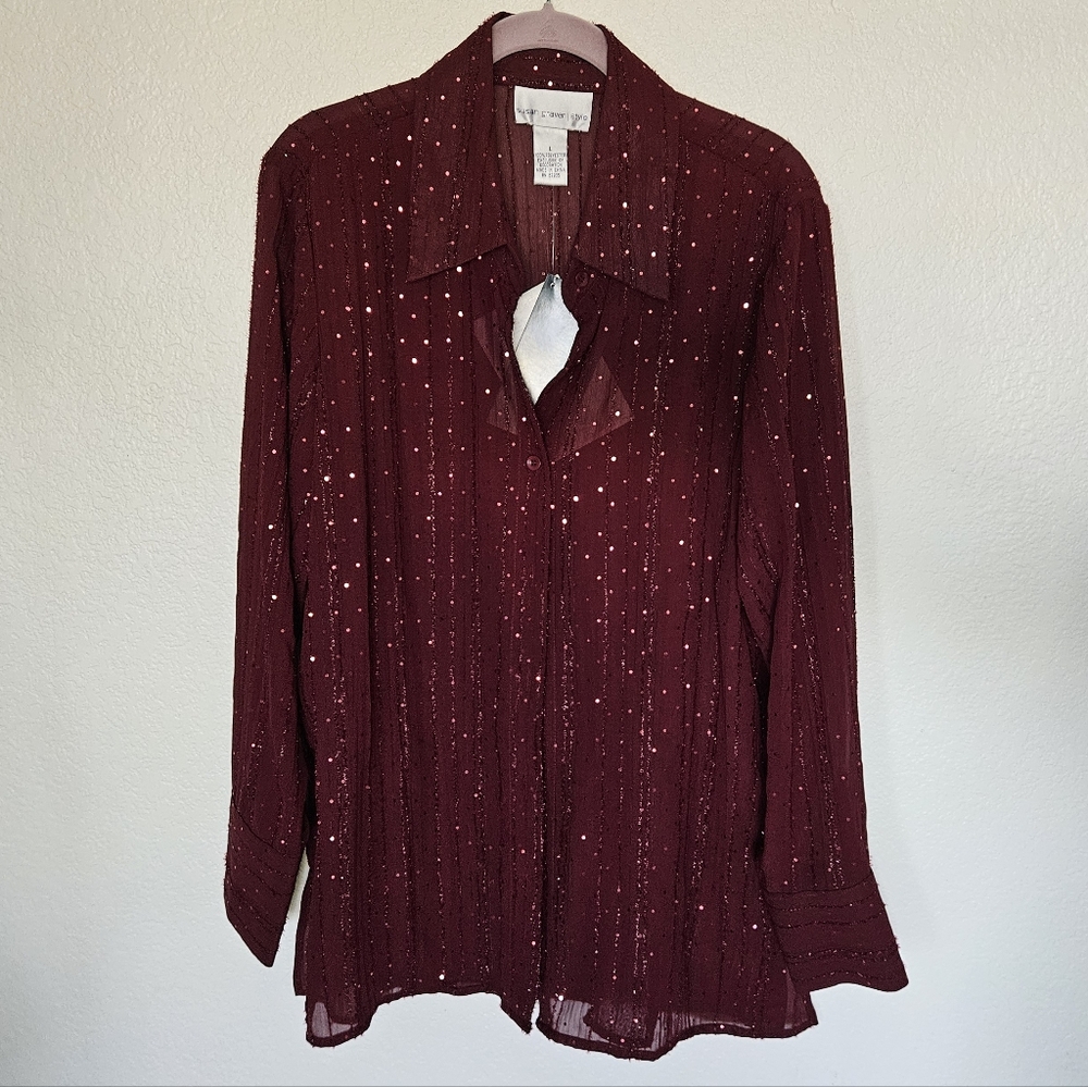 Susan Graver Button Down Women's Shirt With Sparkles In Burgundy